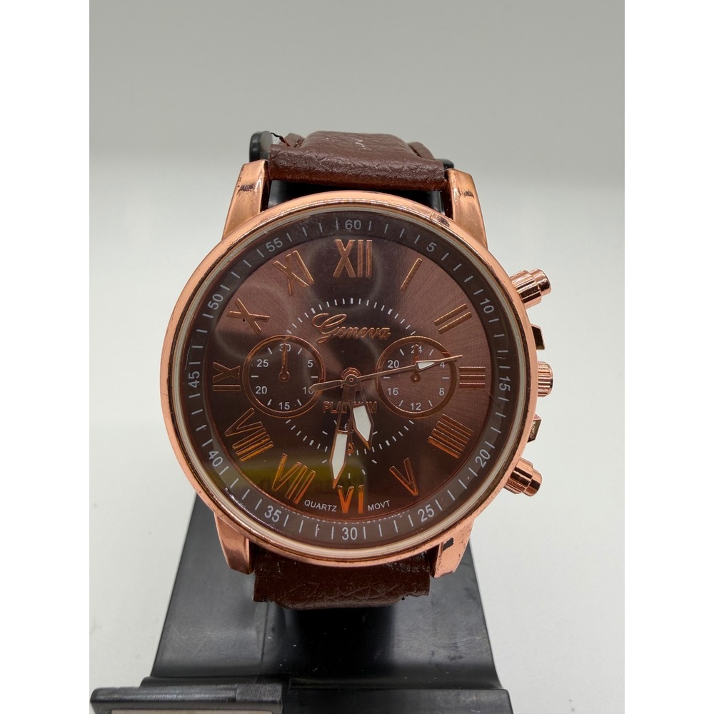 Geneva Platinum Rose Gold Tone Watch Brown Faux Leather Strap Roman Numerals